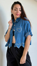 Load image into Gallery viewer, Dark Denim Rhinestones Hearts Top