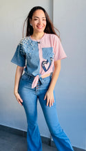 Load image into Gallery viewer, Denim and Pink ColorBlock tshirt