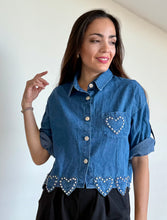 Load image into Gallery viewer, Dark Denim Rhinestones Hearts Top