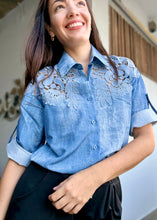 Load image into Gallery viewer, Embroidered Denim Print Blouse