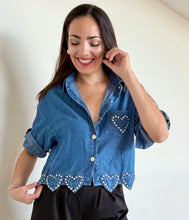 Load image into Gallery viewer, Dark Denim Rhinestones Hearts Top