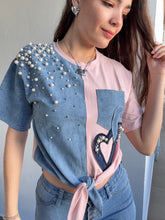 Load image into Gallery viewer, Denim and Pink ColorBlock tshirt