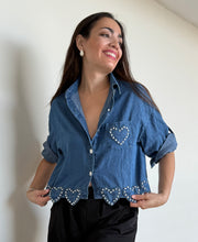 Load image into Gallery viewer, Dark Denim Rhinestones Hearts Top