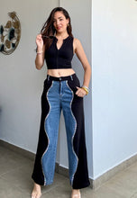 Load image into Gallery viewer, Rhinestones Black and Denim Jeans
