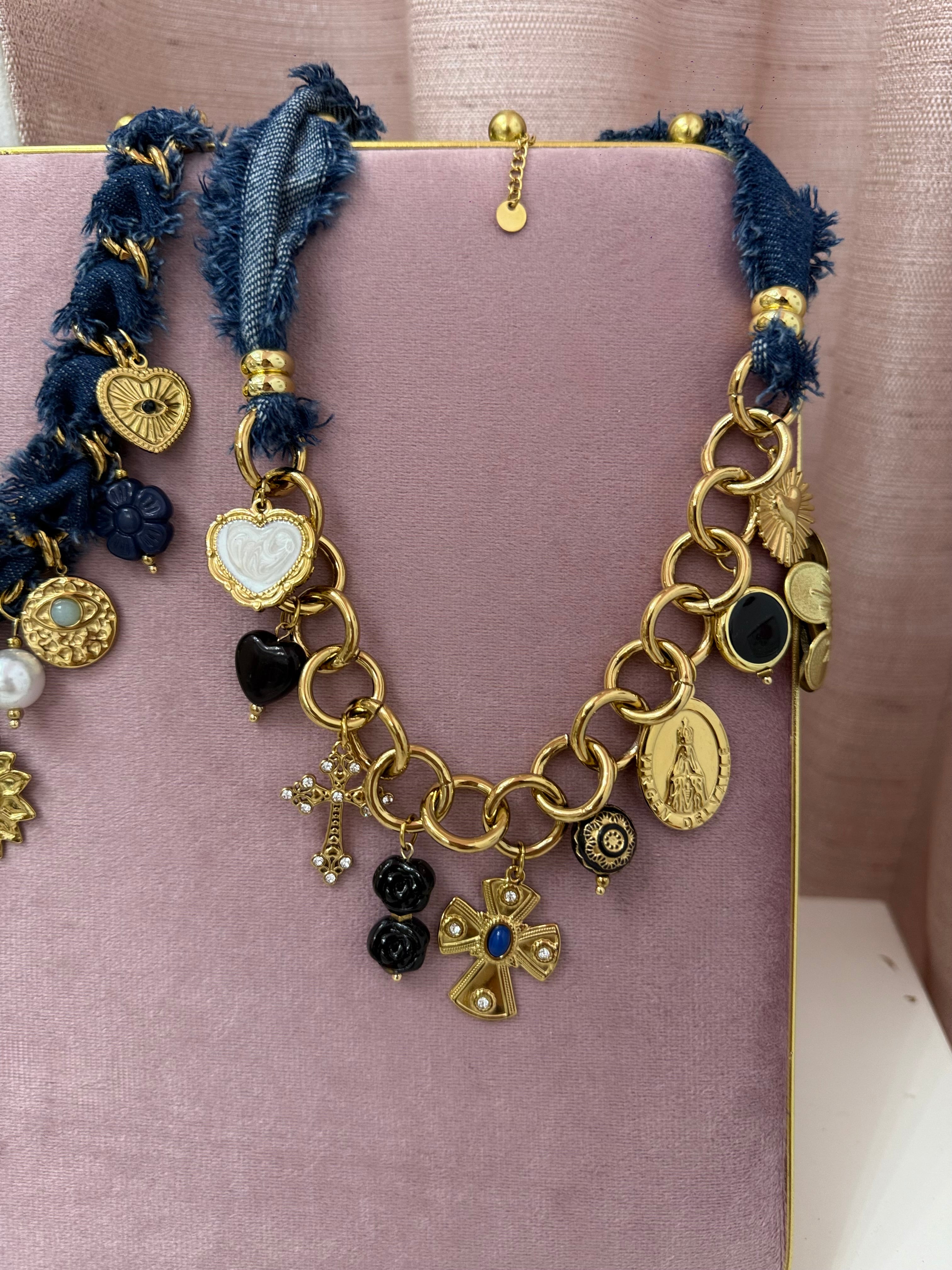 Denim & Gold Charms Necklace