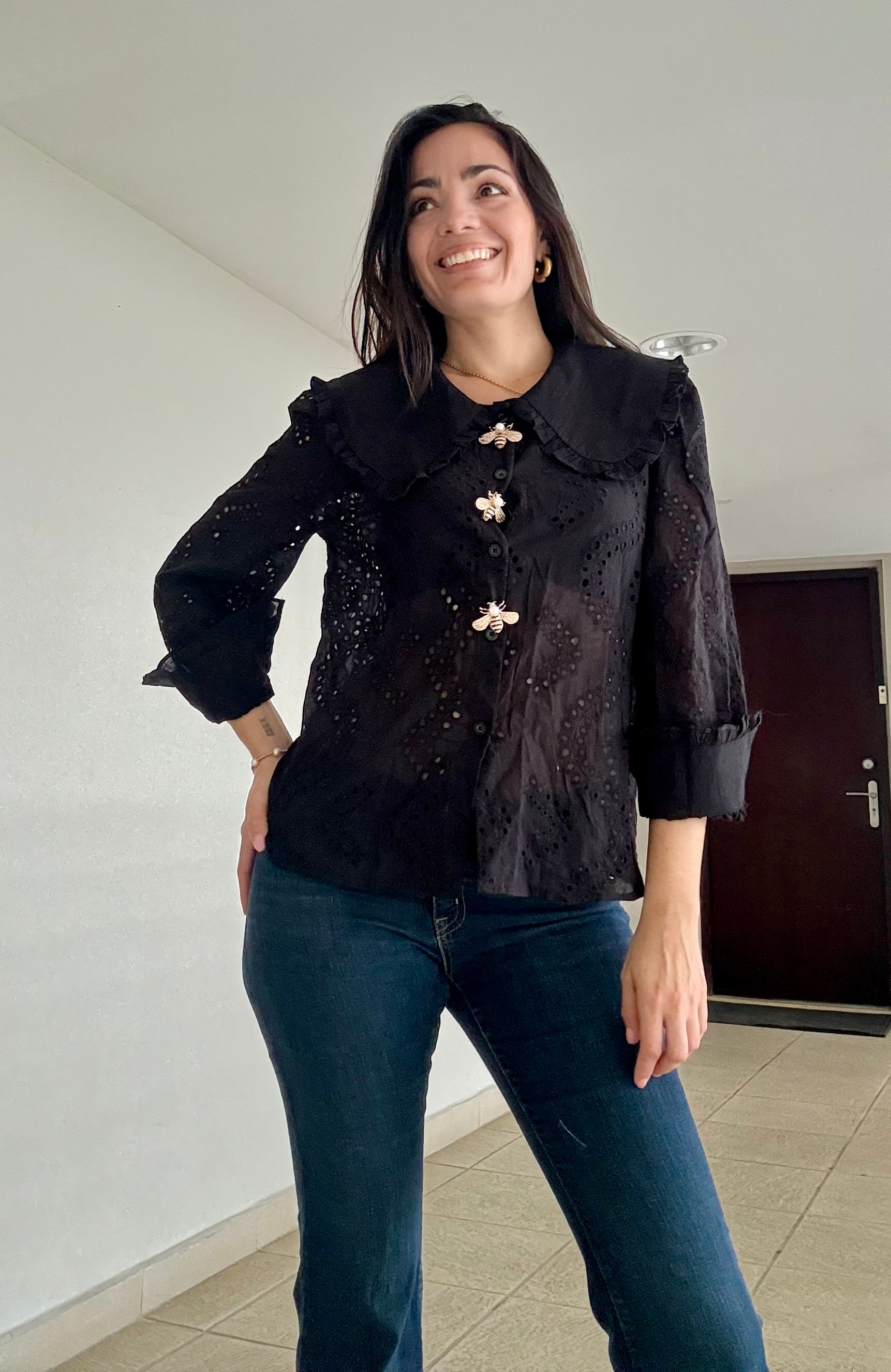 Black Eyelet Bee Blouse