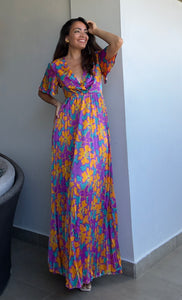 Colorful Flower Pleated Maxi Dress