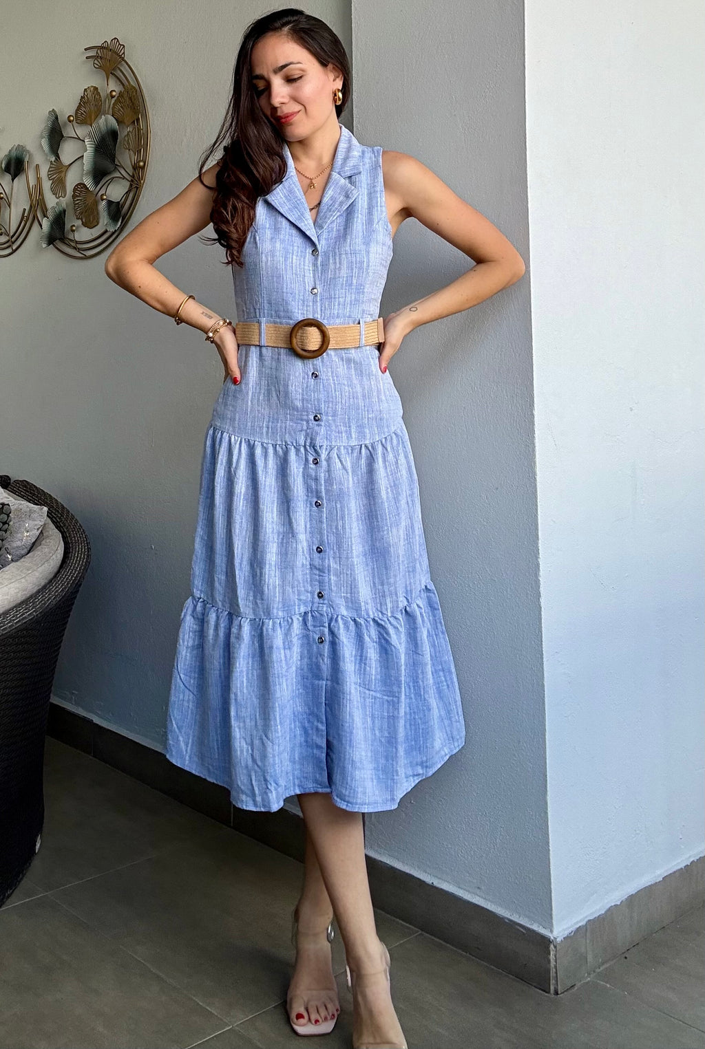 Chambray Light Blue Midi Dress