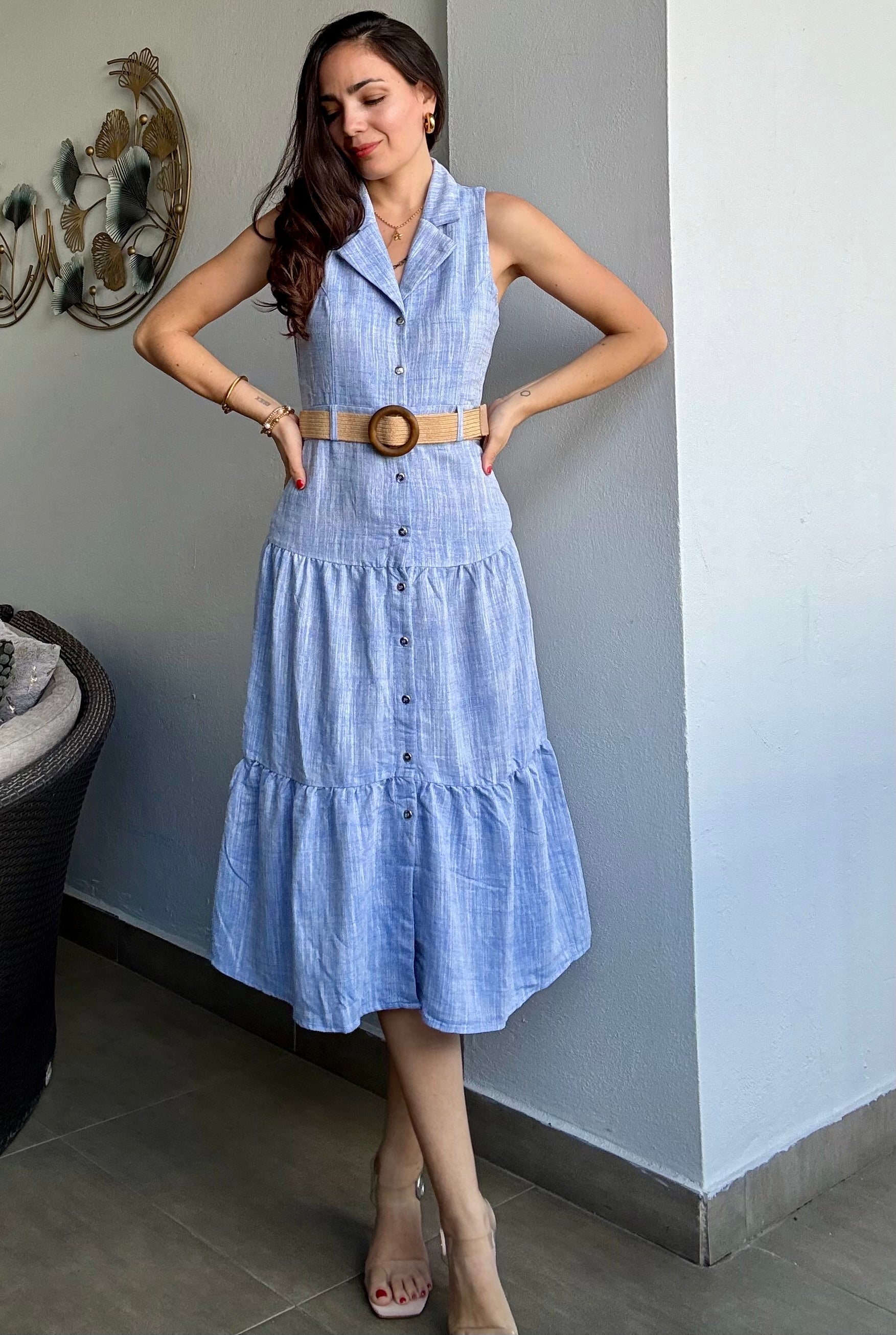 Chambray Light Blue Midi Dress