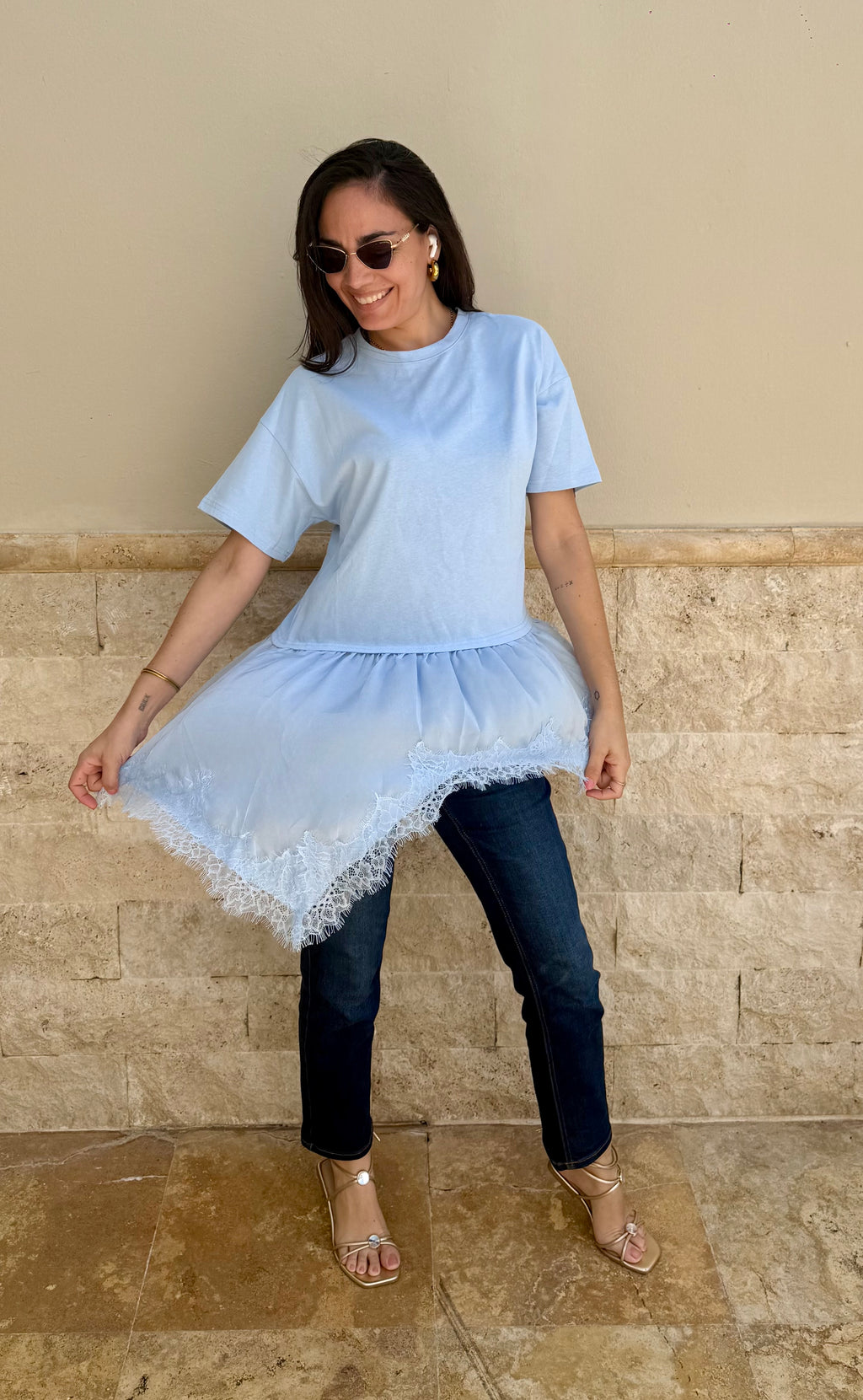 Celeste Tshirt Satin and Lace Top