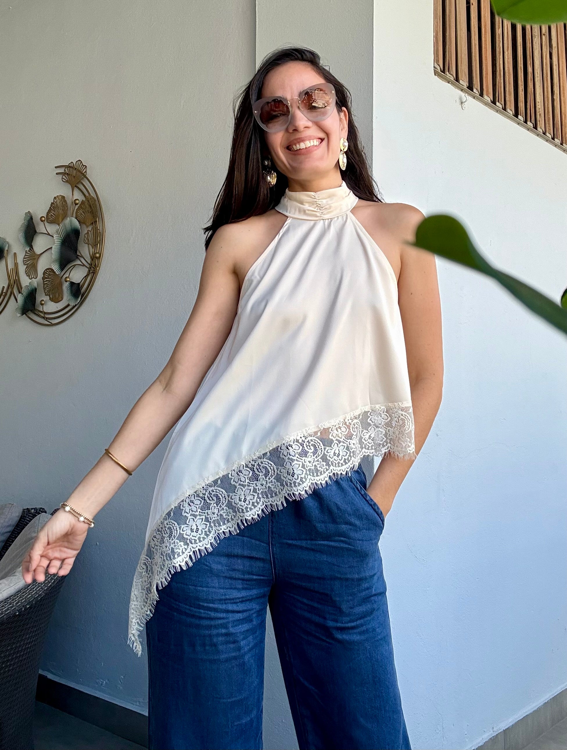 Satin & Lace Beige Halter Top