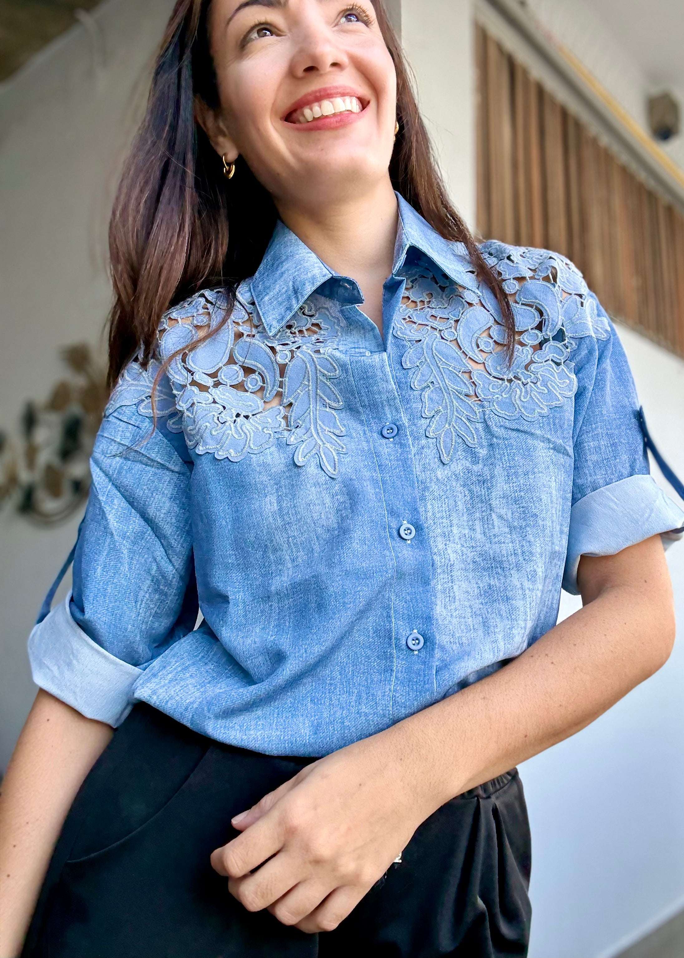 Embroidered Denim Print Blouse