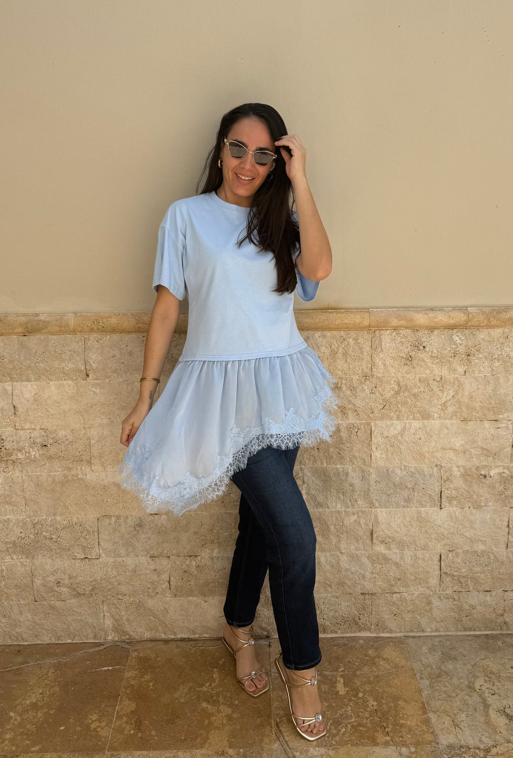 Celeste Tshirt Satin and Lace Top