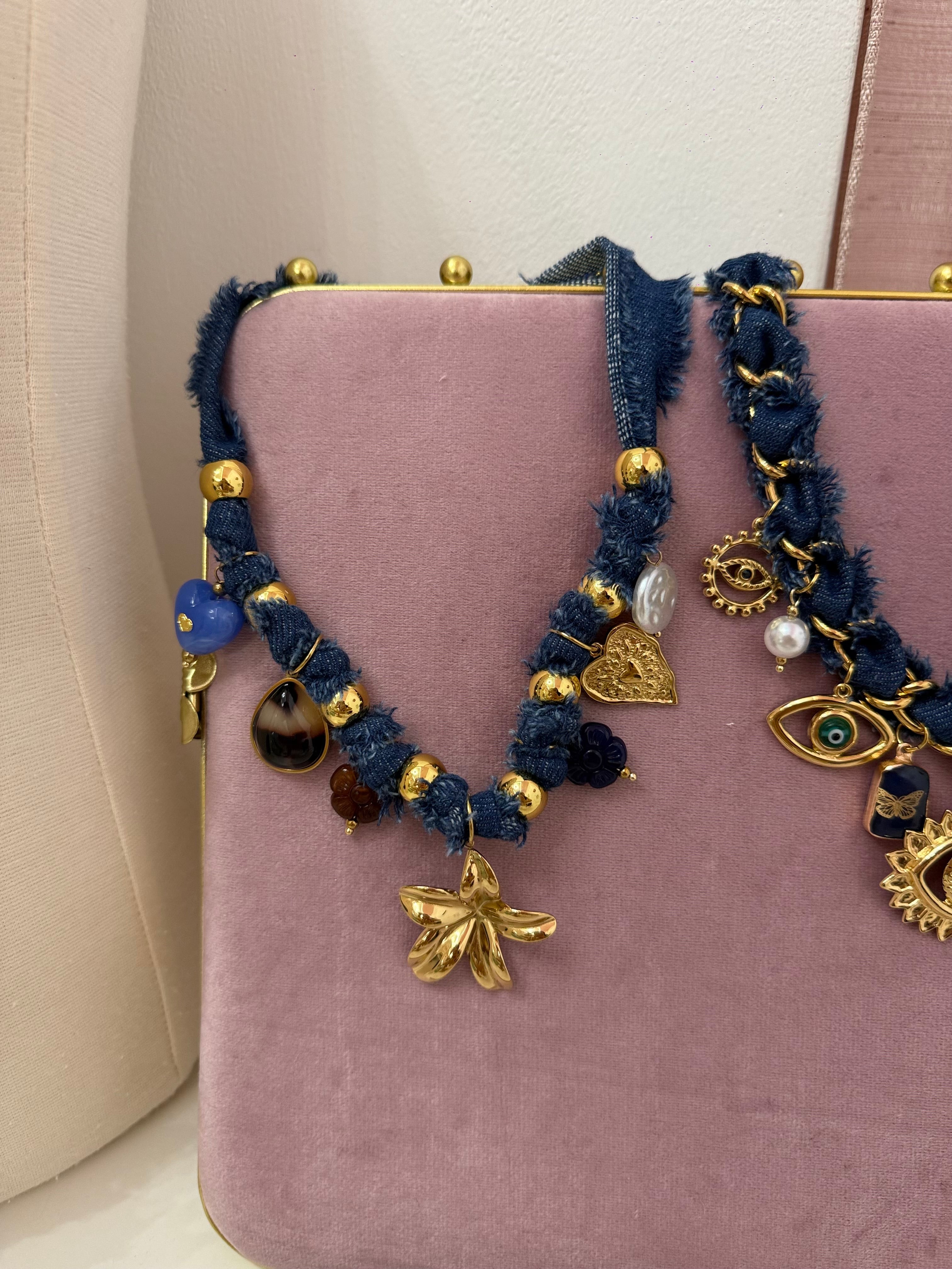 Denim & Gold Charms Necklace
