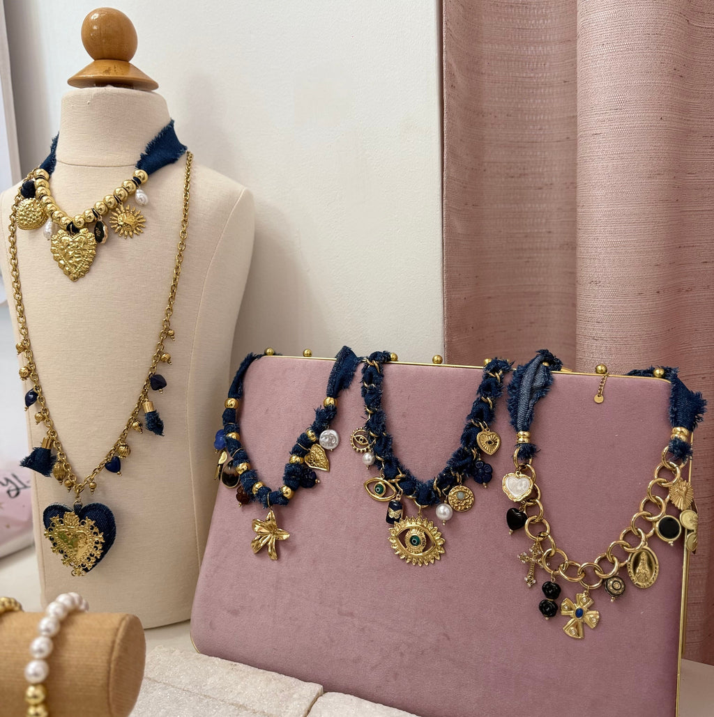 Denim & Gold Charms Necklace