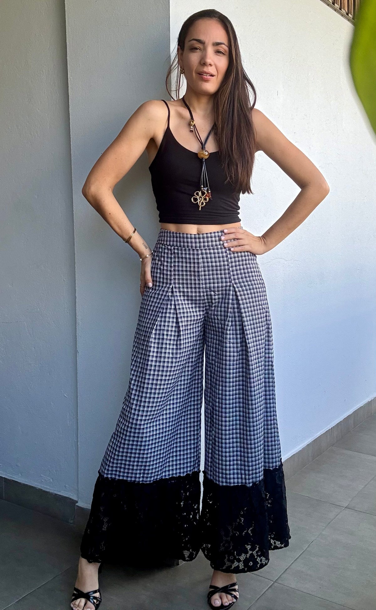 Navy and Black Plaid Lace Pants