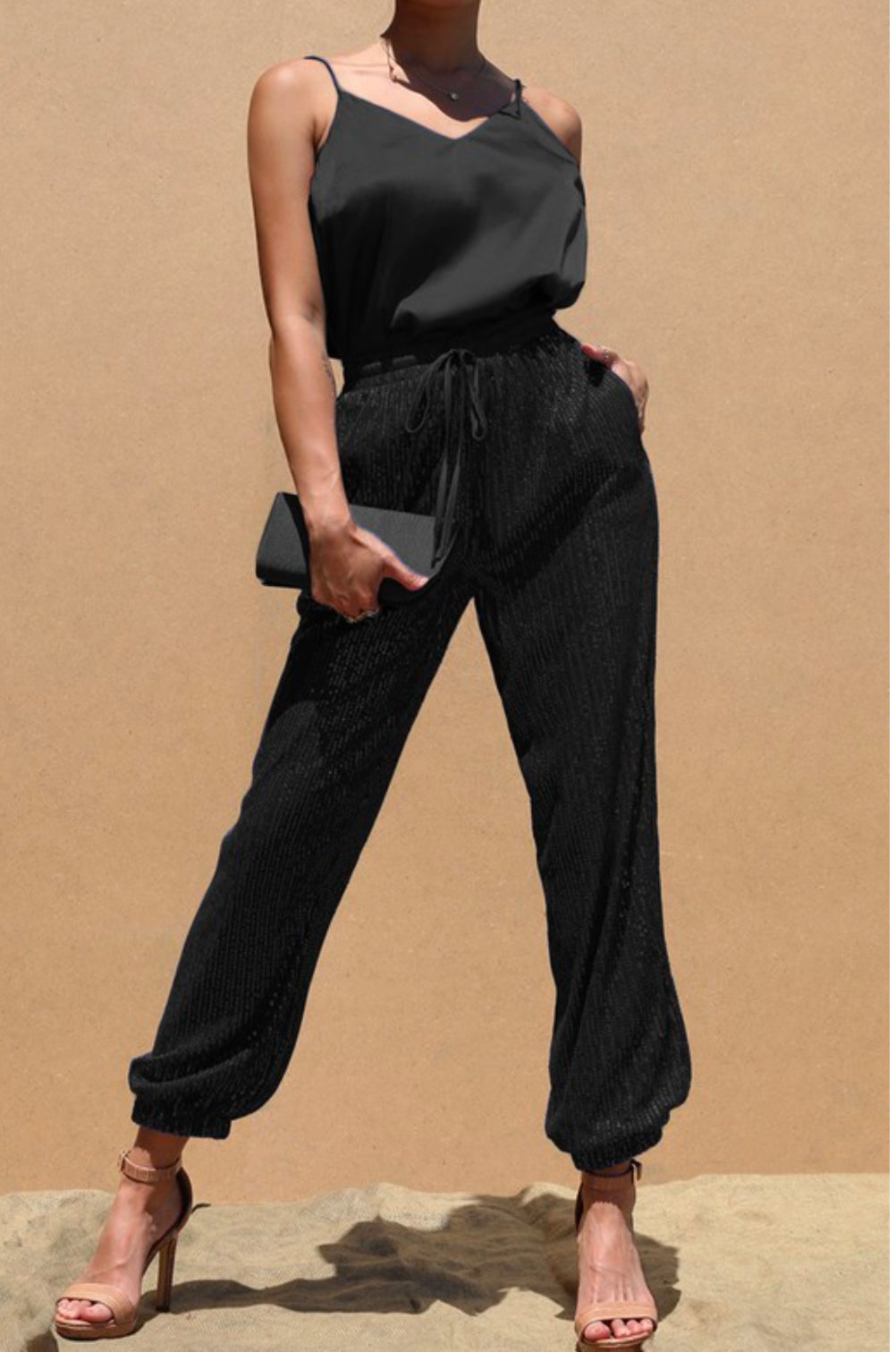 Black Sequin Jogger & Satin Cami Set