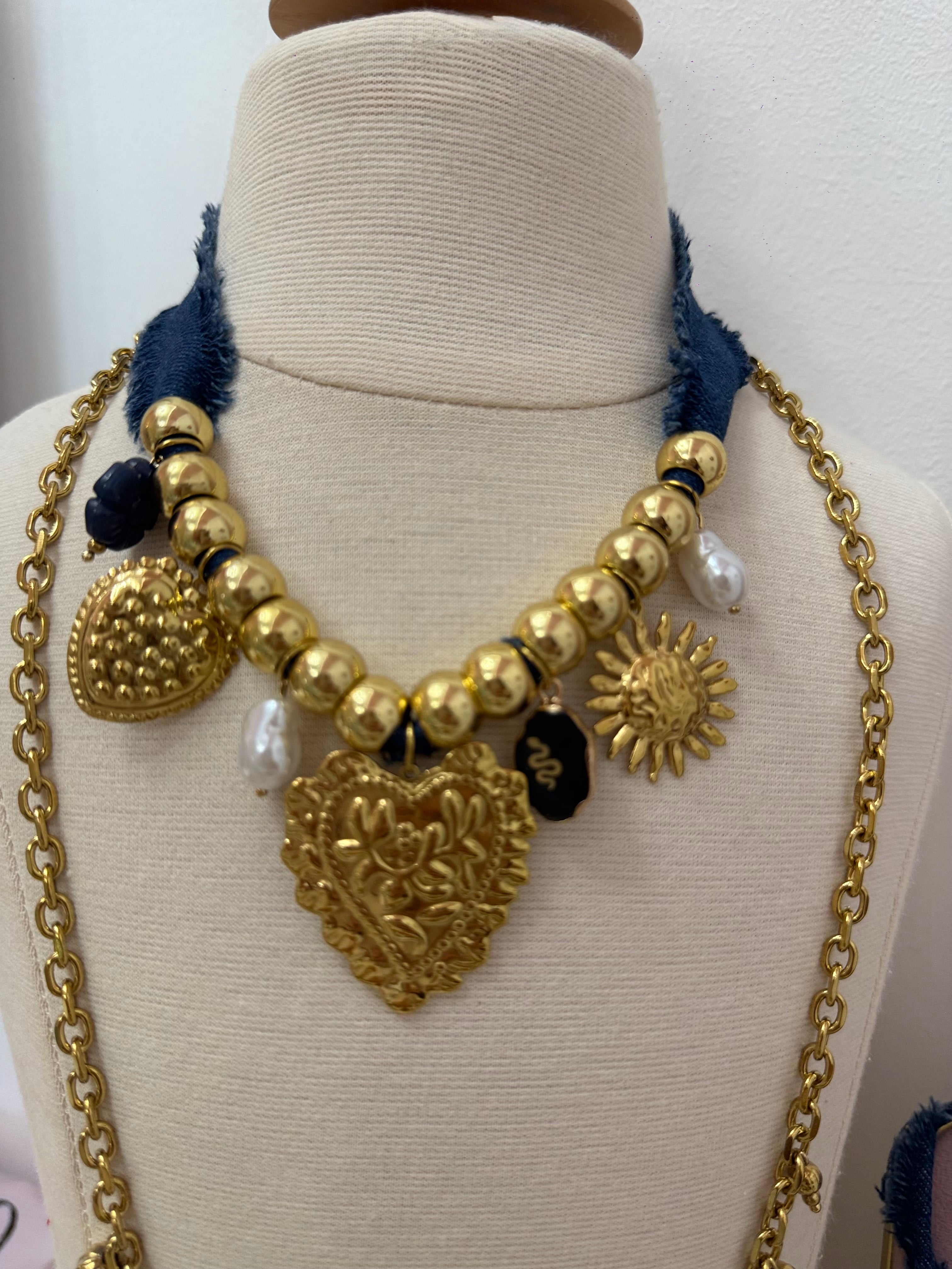 Denim & Gold Charms Necklace
