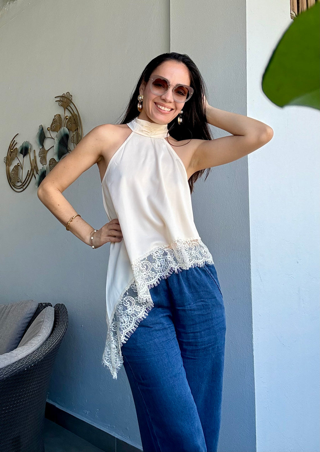 Satin & Lace Beige Halter Top