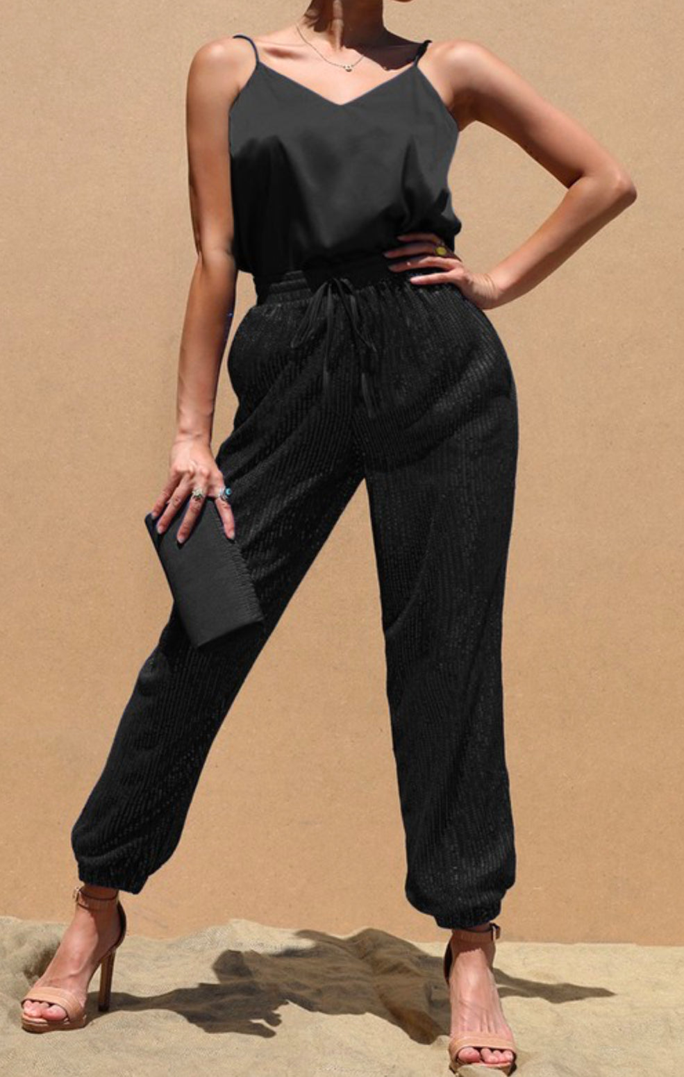 Black Sequin Jogger & Satin Cami Set
