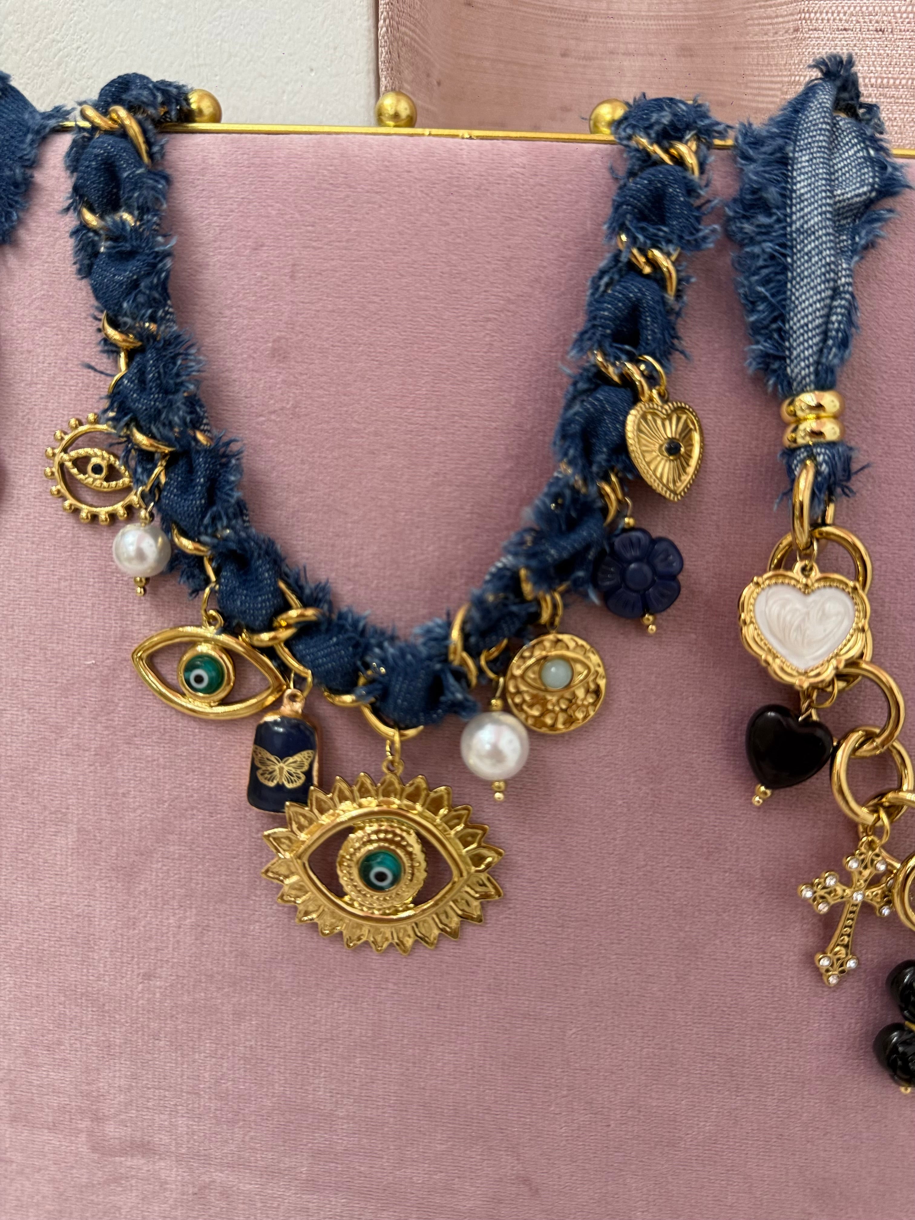 Denim & Gold Charms Necklace