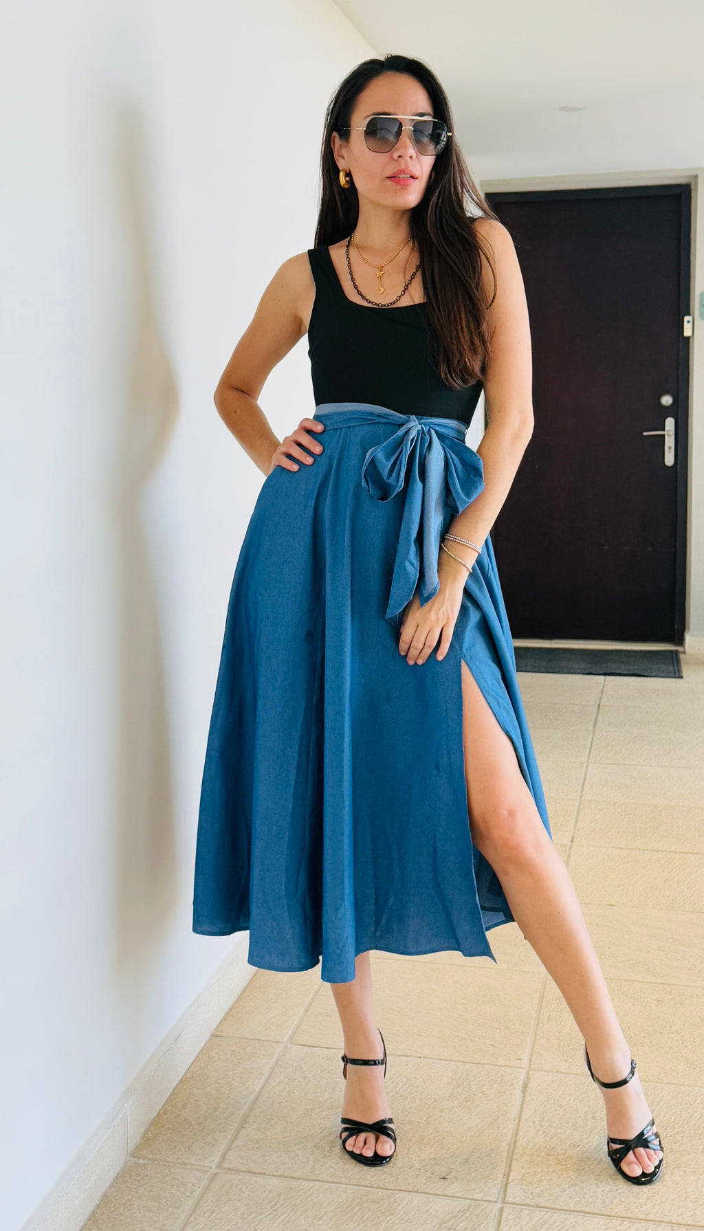 Black & Denim Midi Dress