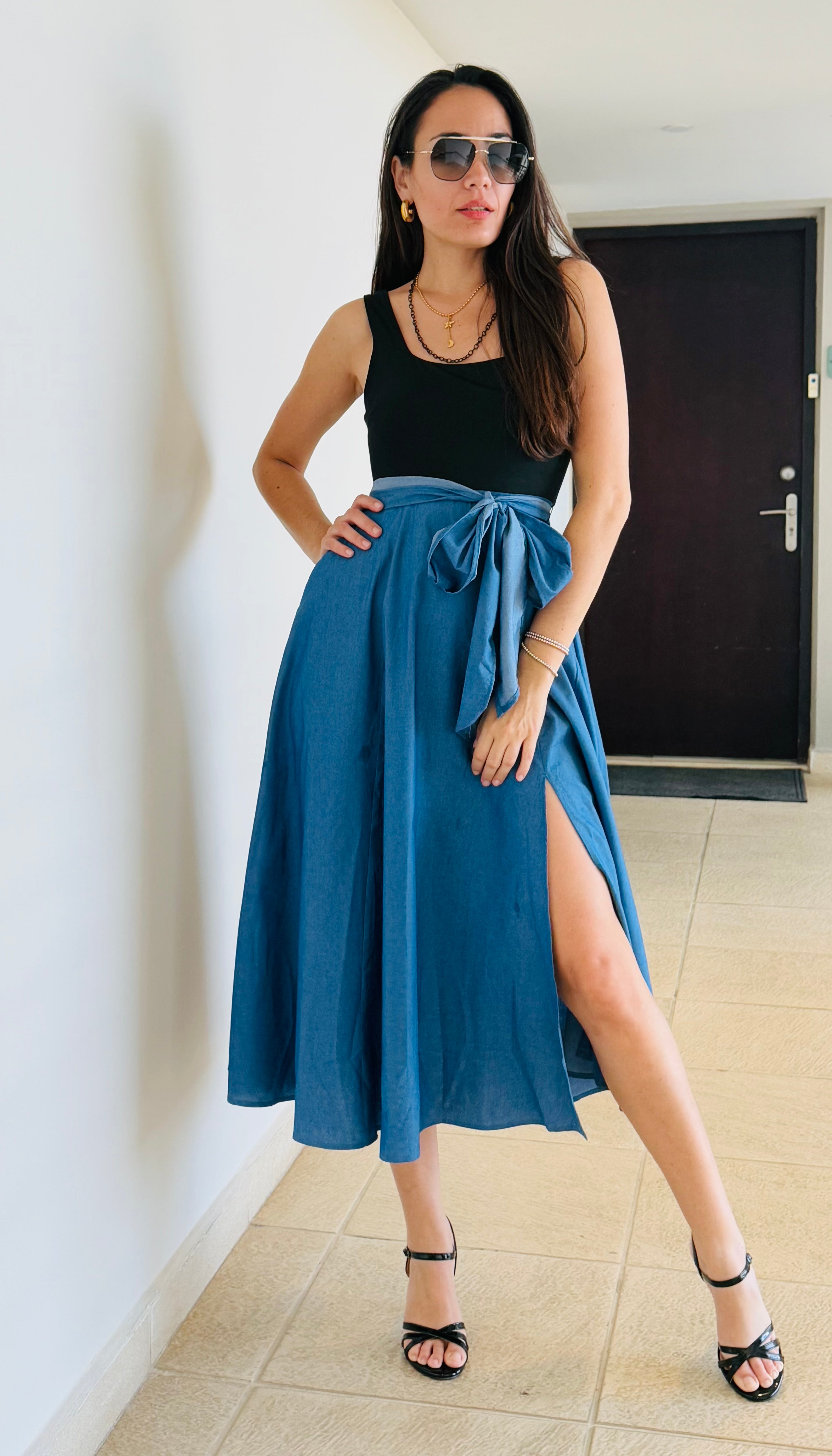 Black & Denim Midi Dress
