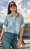 Embroidered Denim Print Blouse