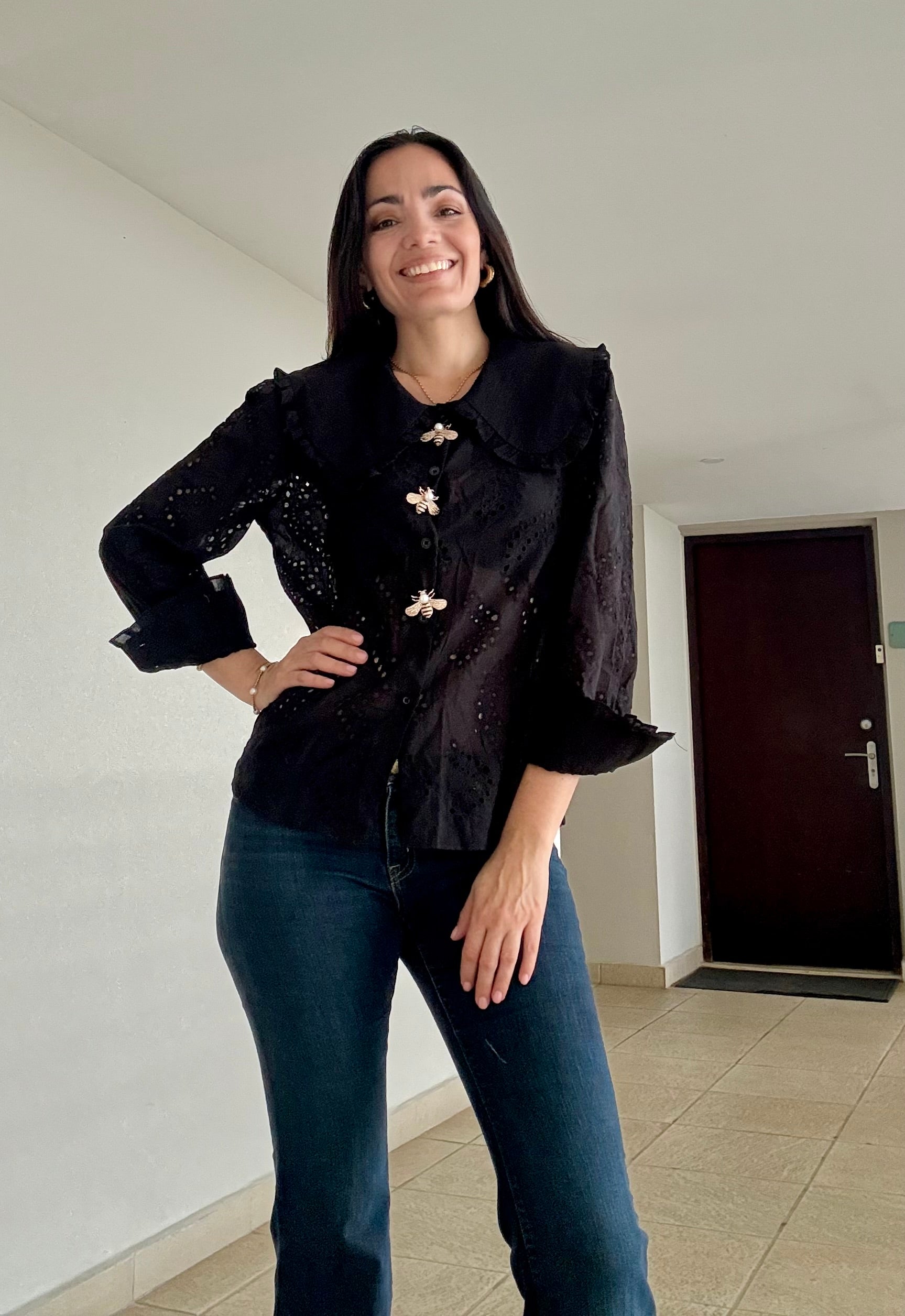 Black Eyelet Bee Blouse