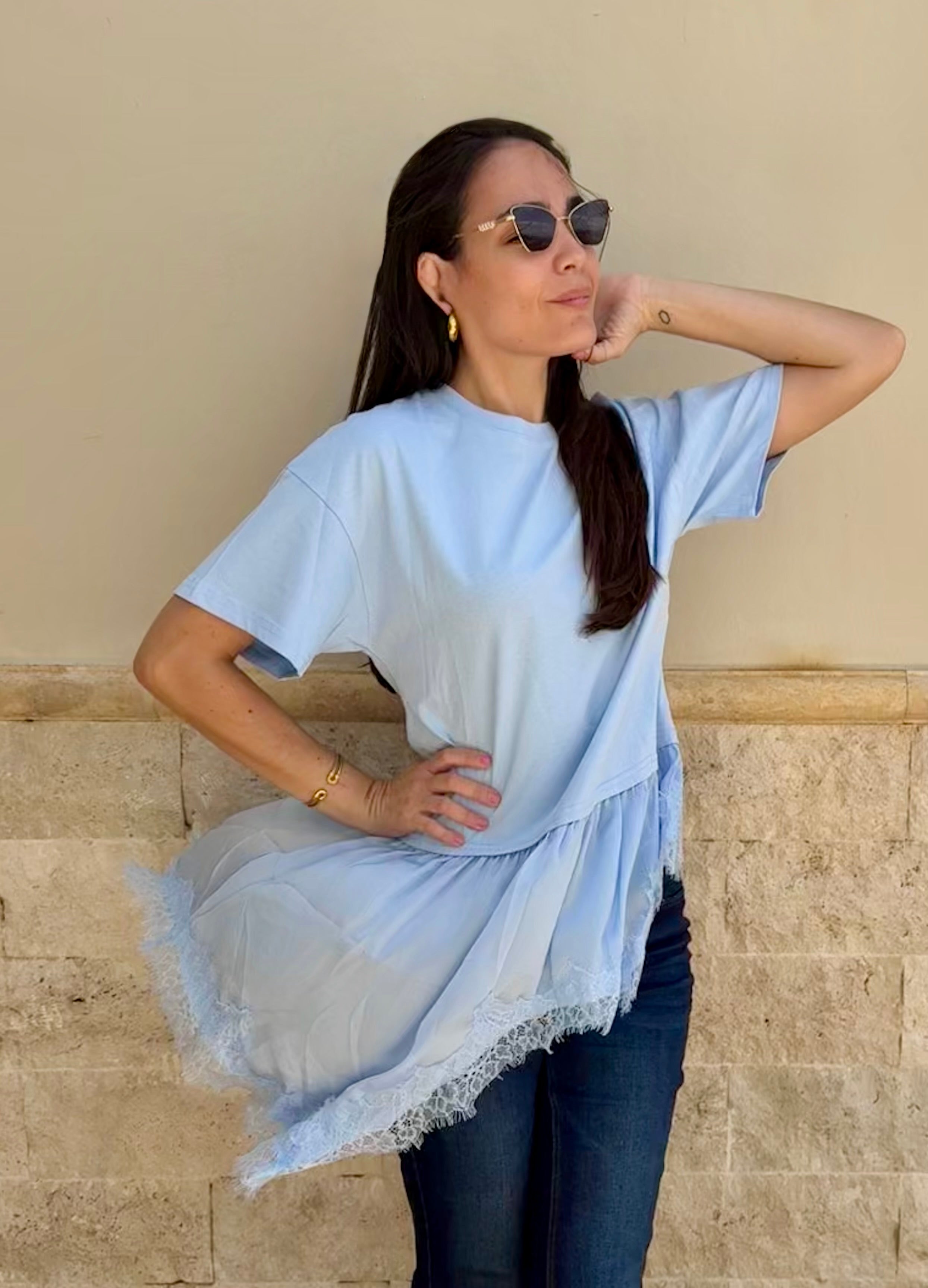 Celeste Tshirt Satin and Lace Top