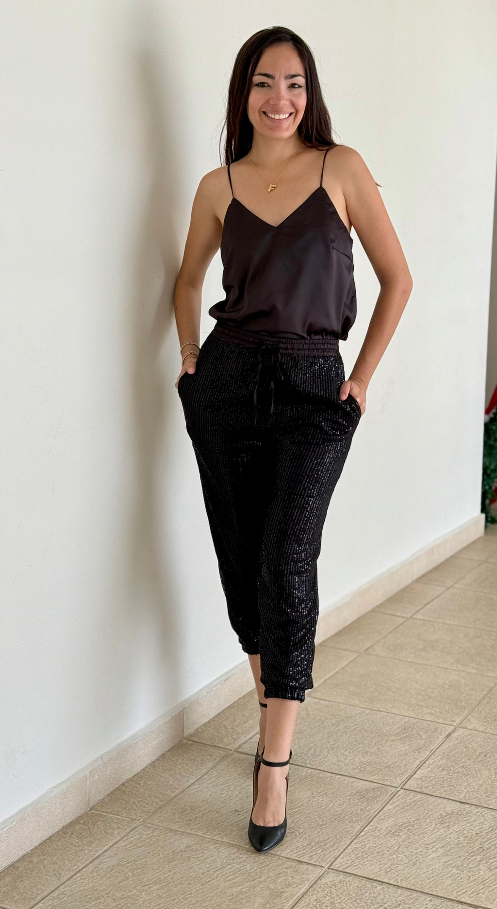 Black Sequin Jogger & Satin Cami Set