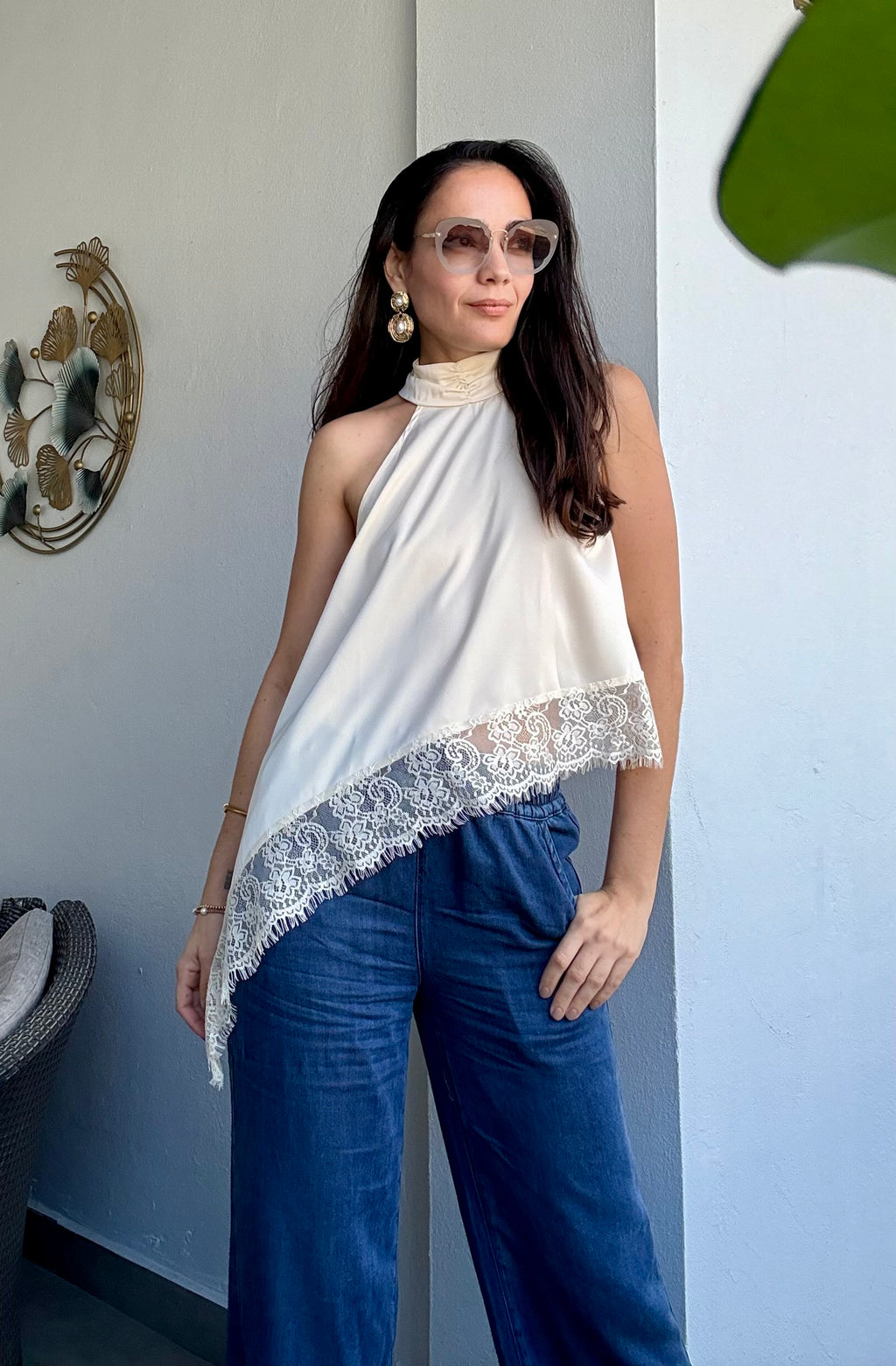 Satin & Lace Beige Halter Top