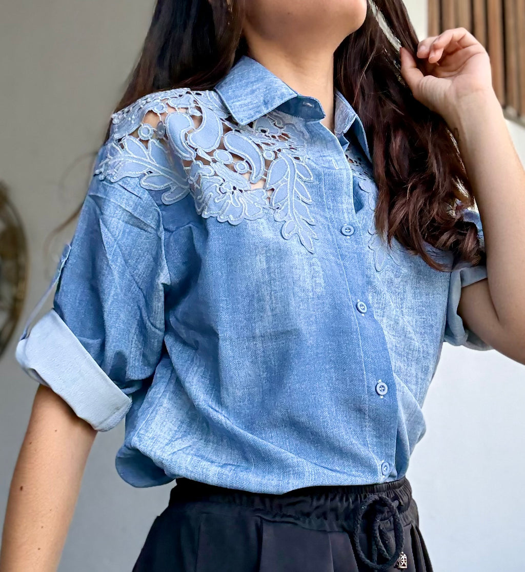 Embroidered Denim Print Blouse