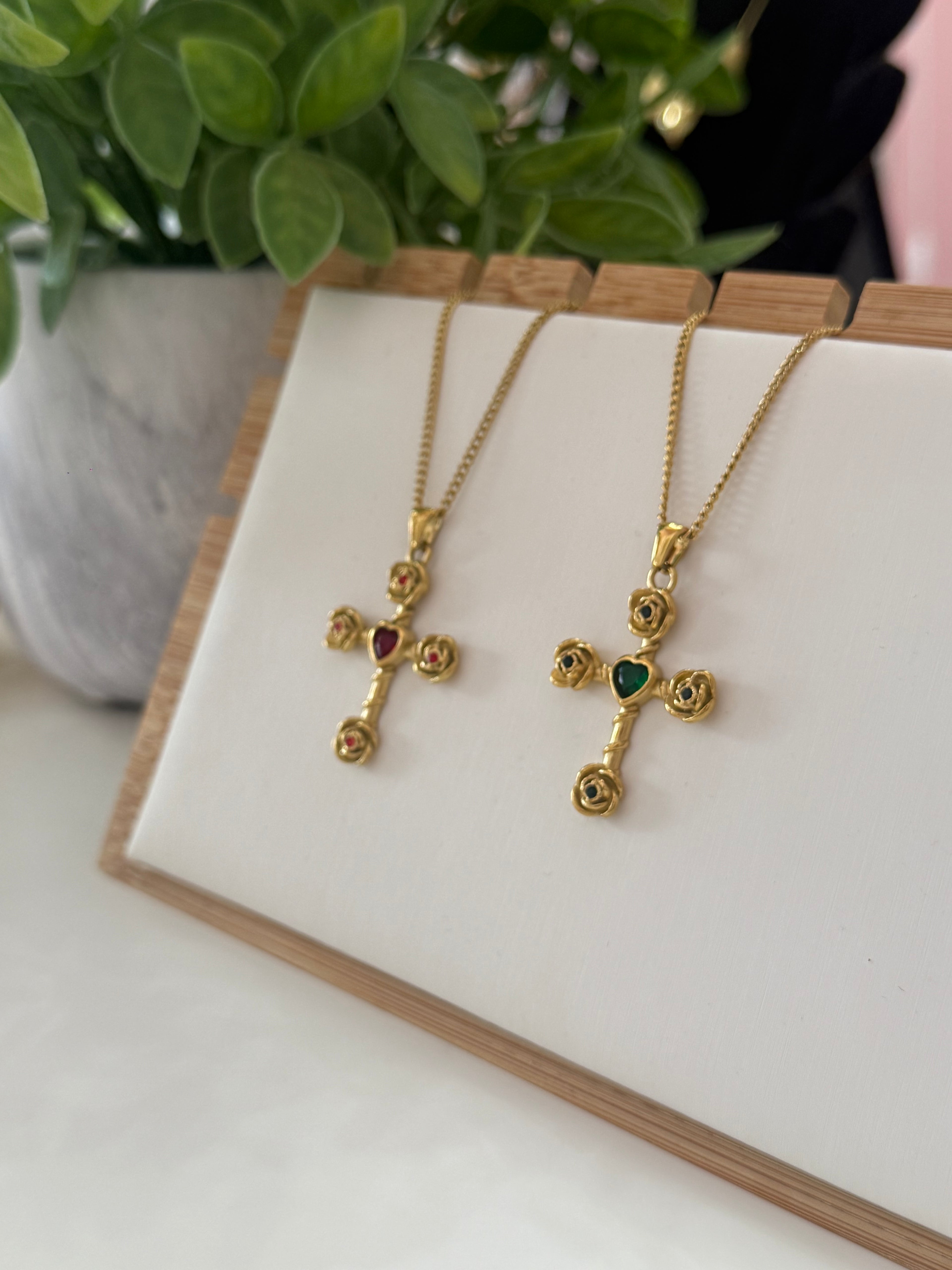 Stone Roses Cross Necklace