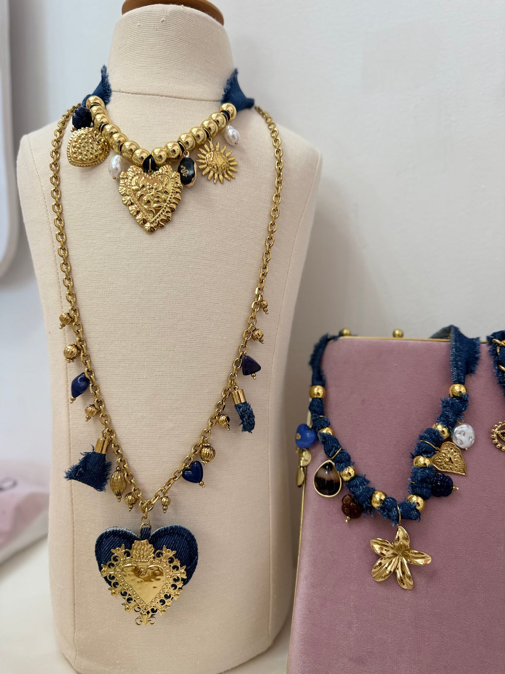 Denim & Gold Charms Necklace