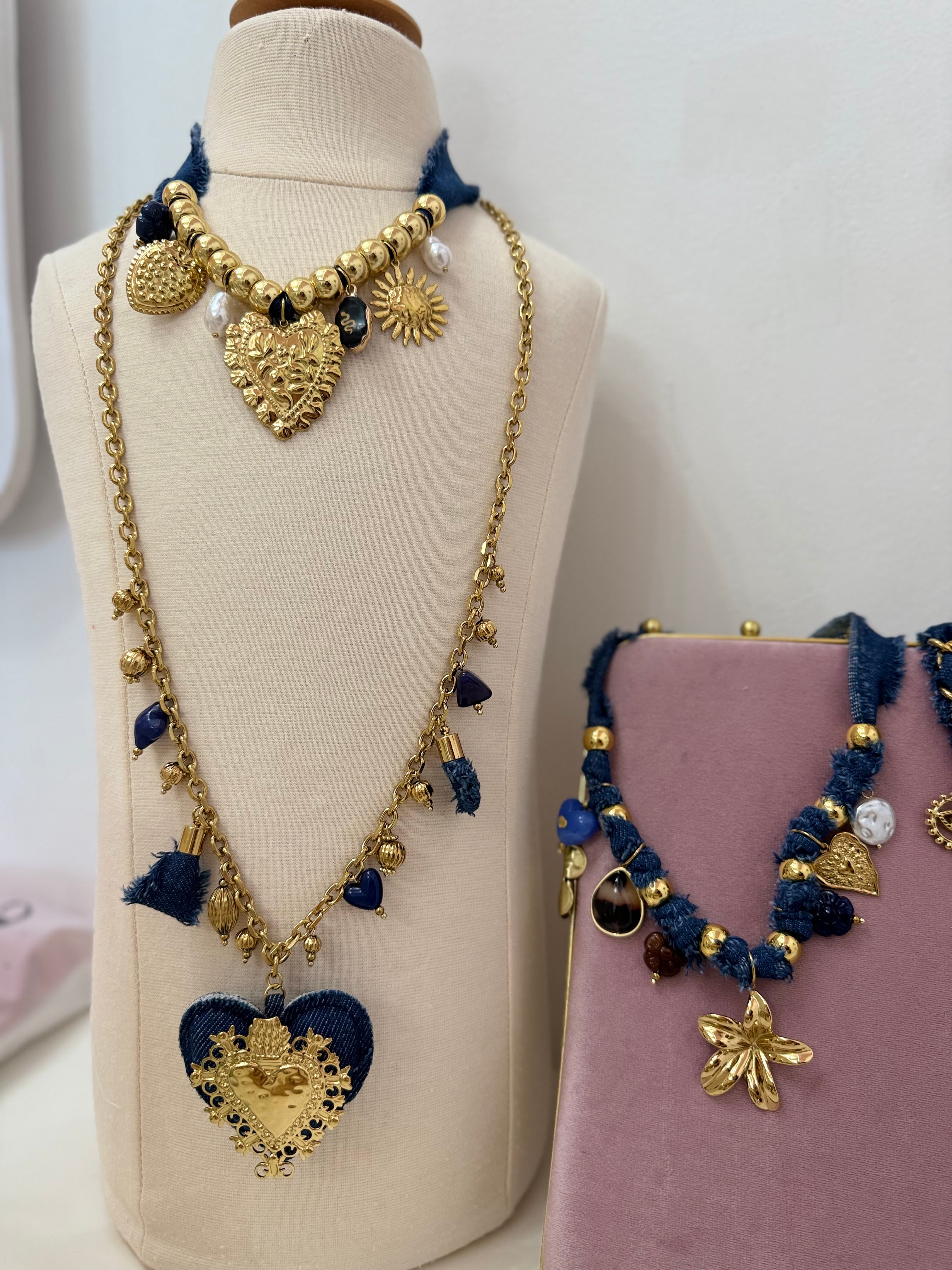 Denim & Gold Charms Necklace