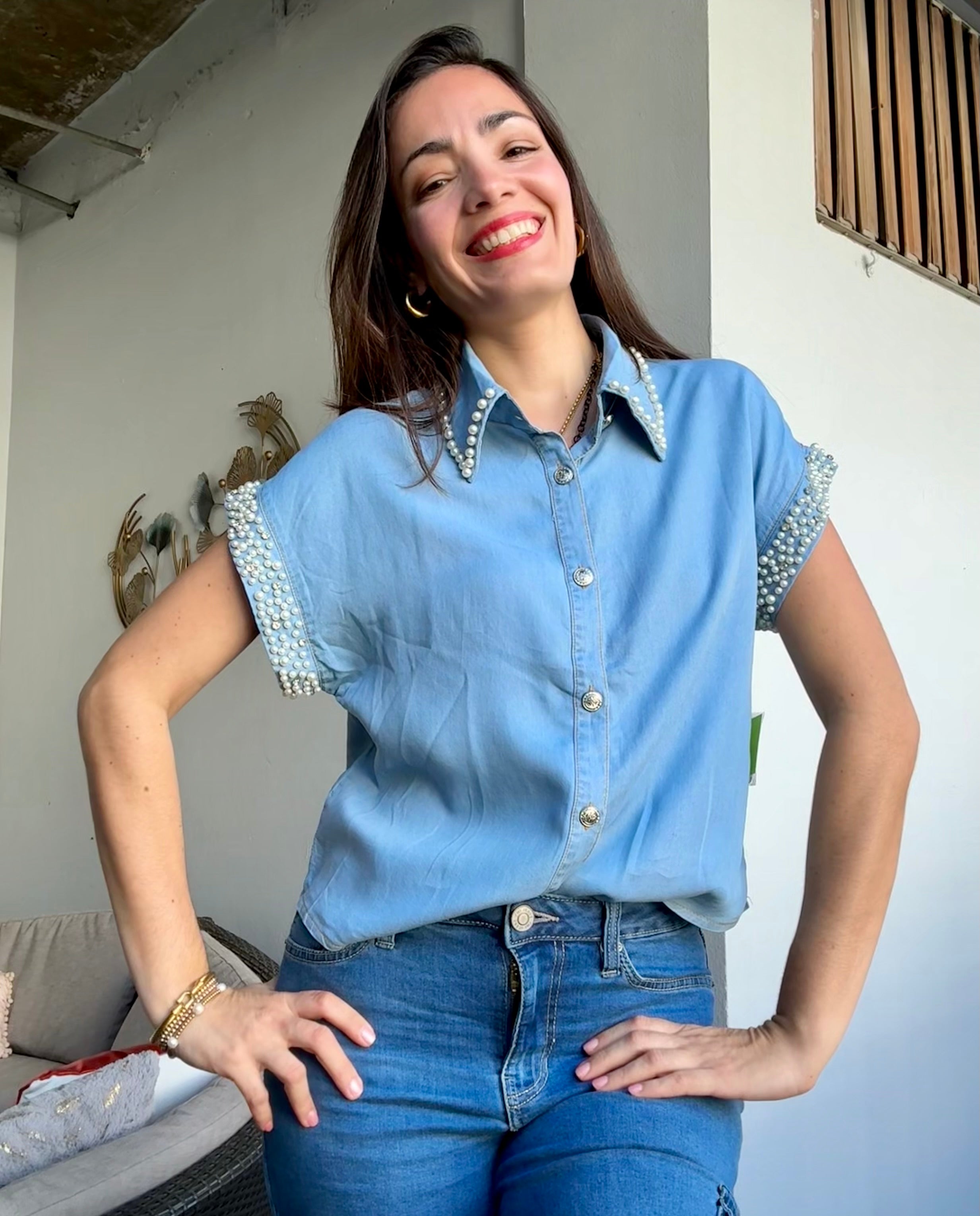 Chic Denim Pearls Top
