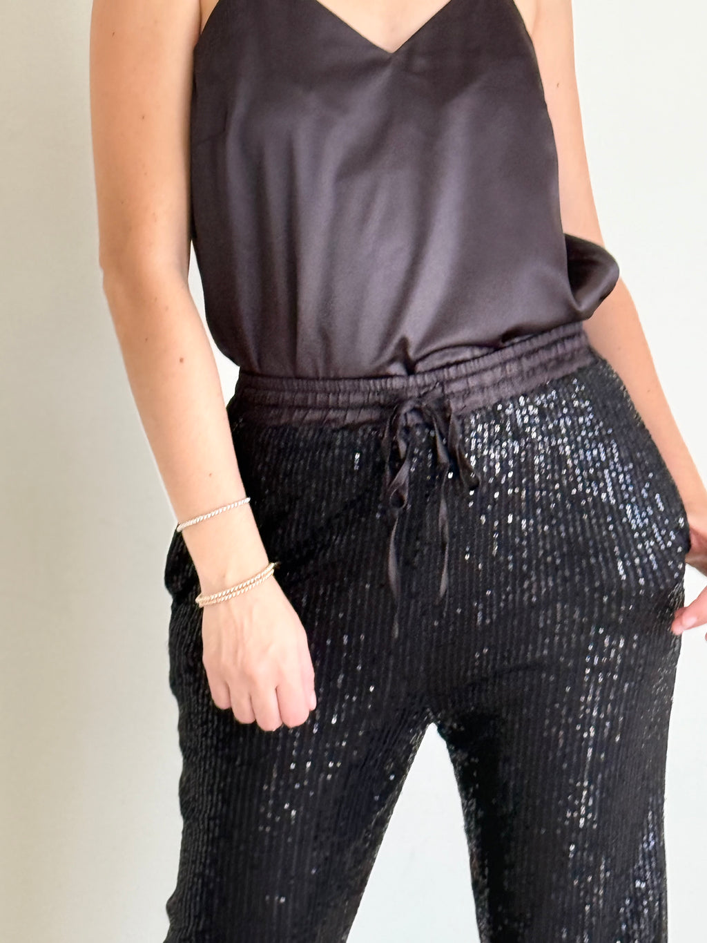 Black Sequin Jogger & Satin Cami Set