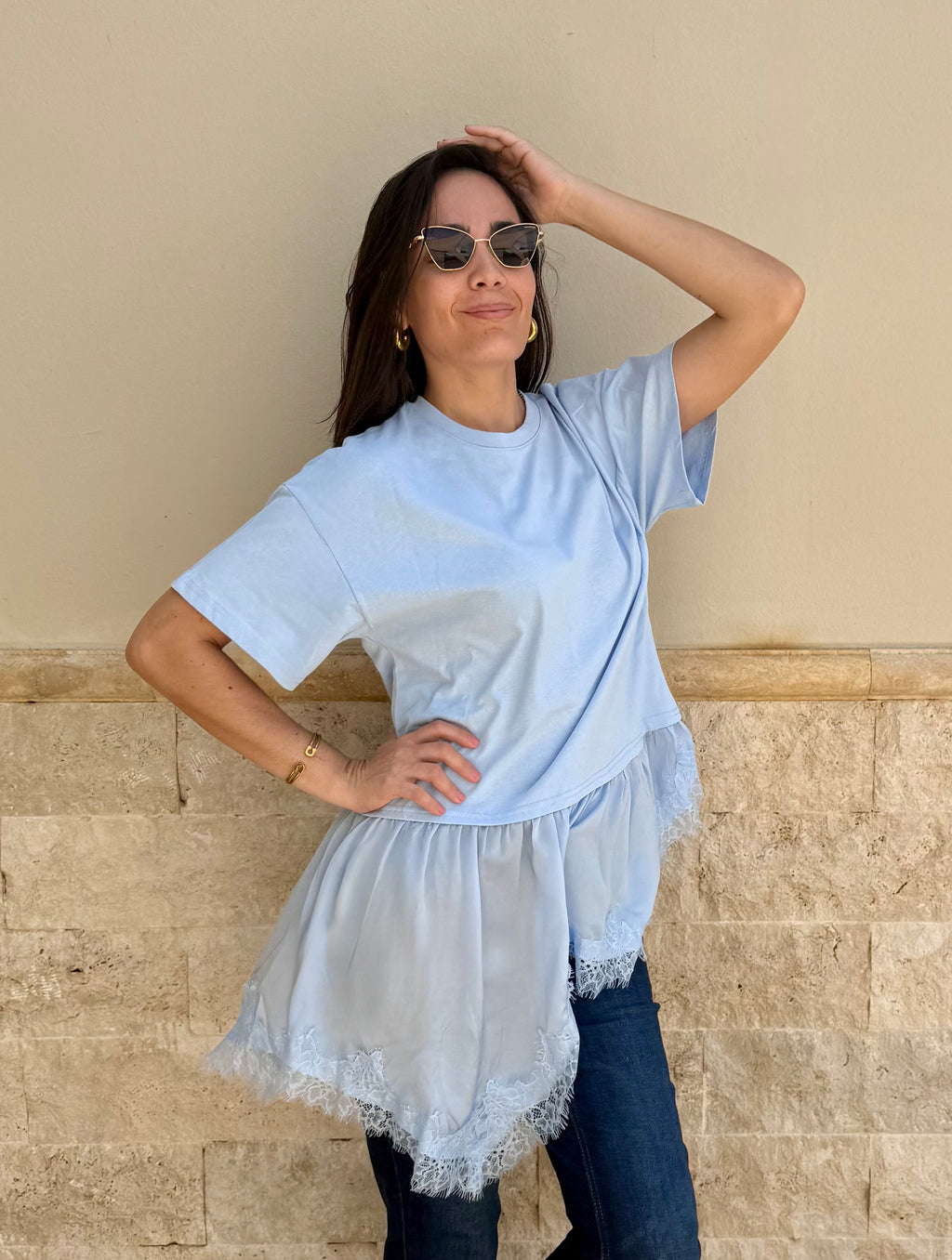 Celeste Tshirt Satin and Lace Top