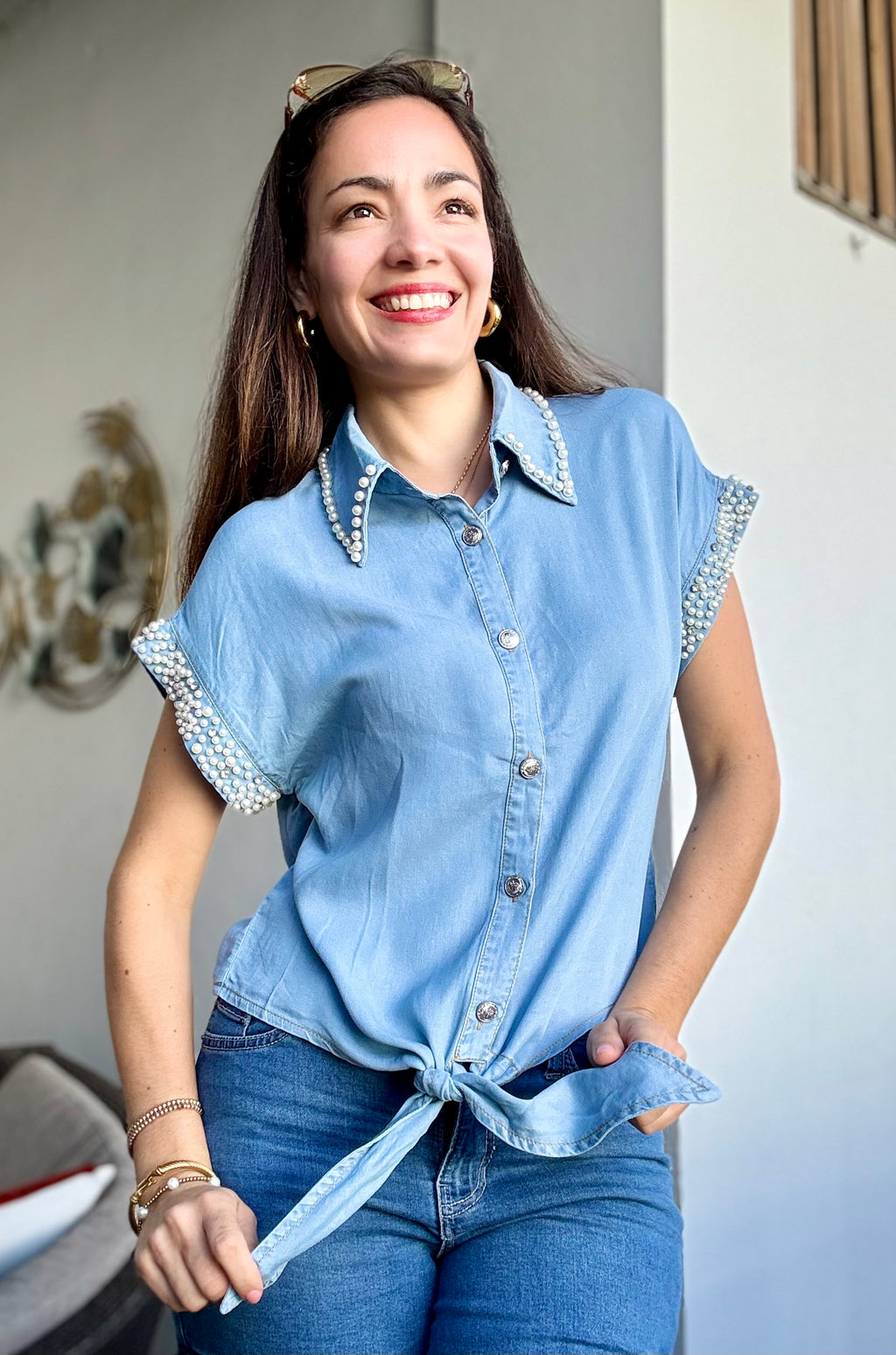 Chic Denim Pearls Top