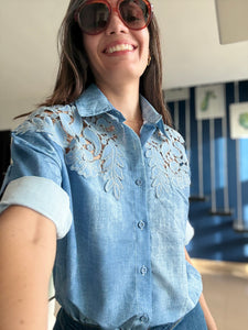 Embroidered Denim Print Blouse