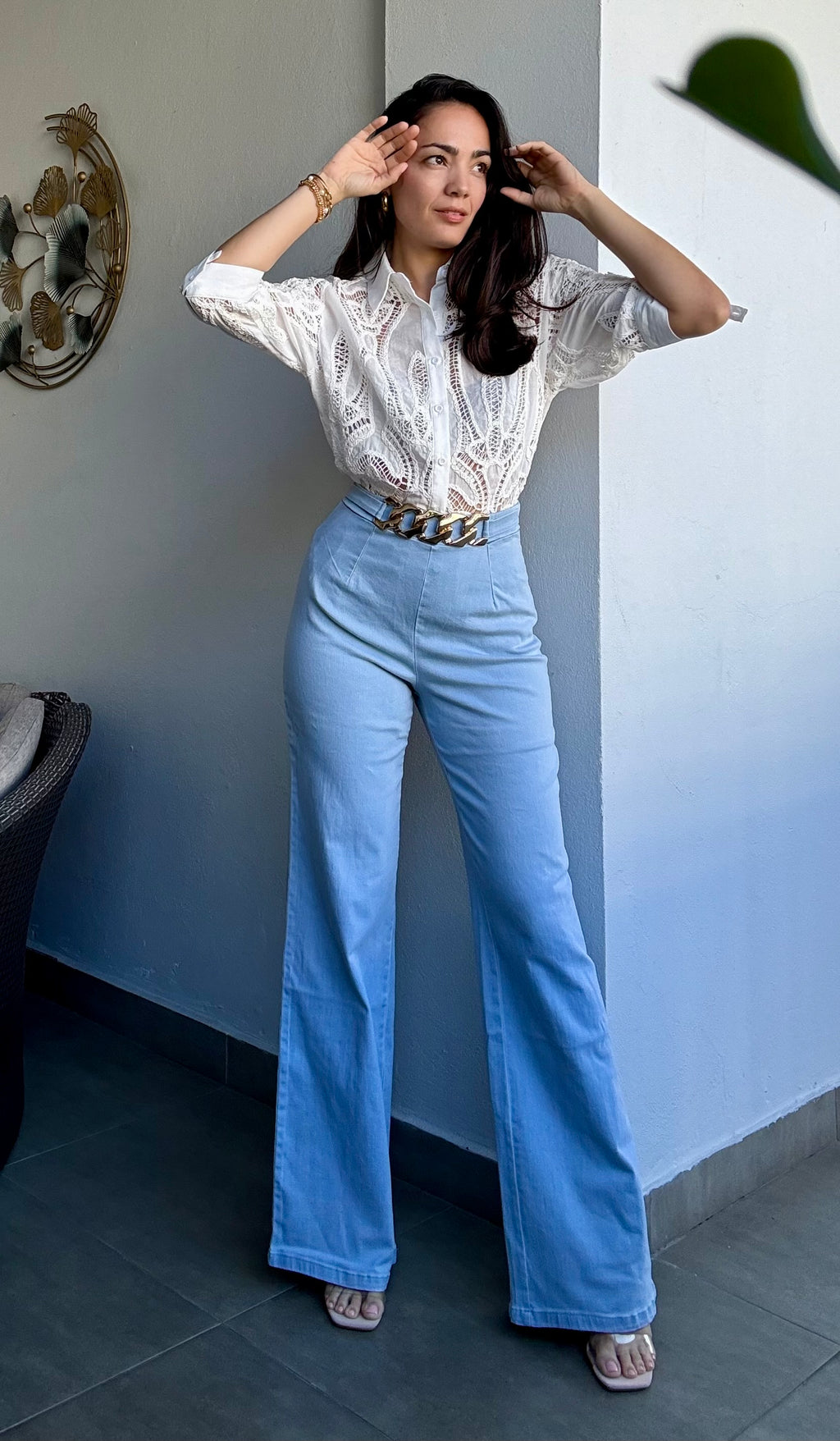 Light Denim With Belt Pants