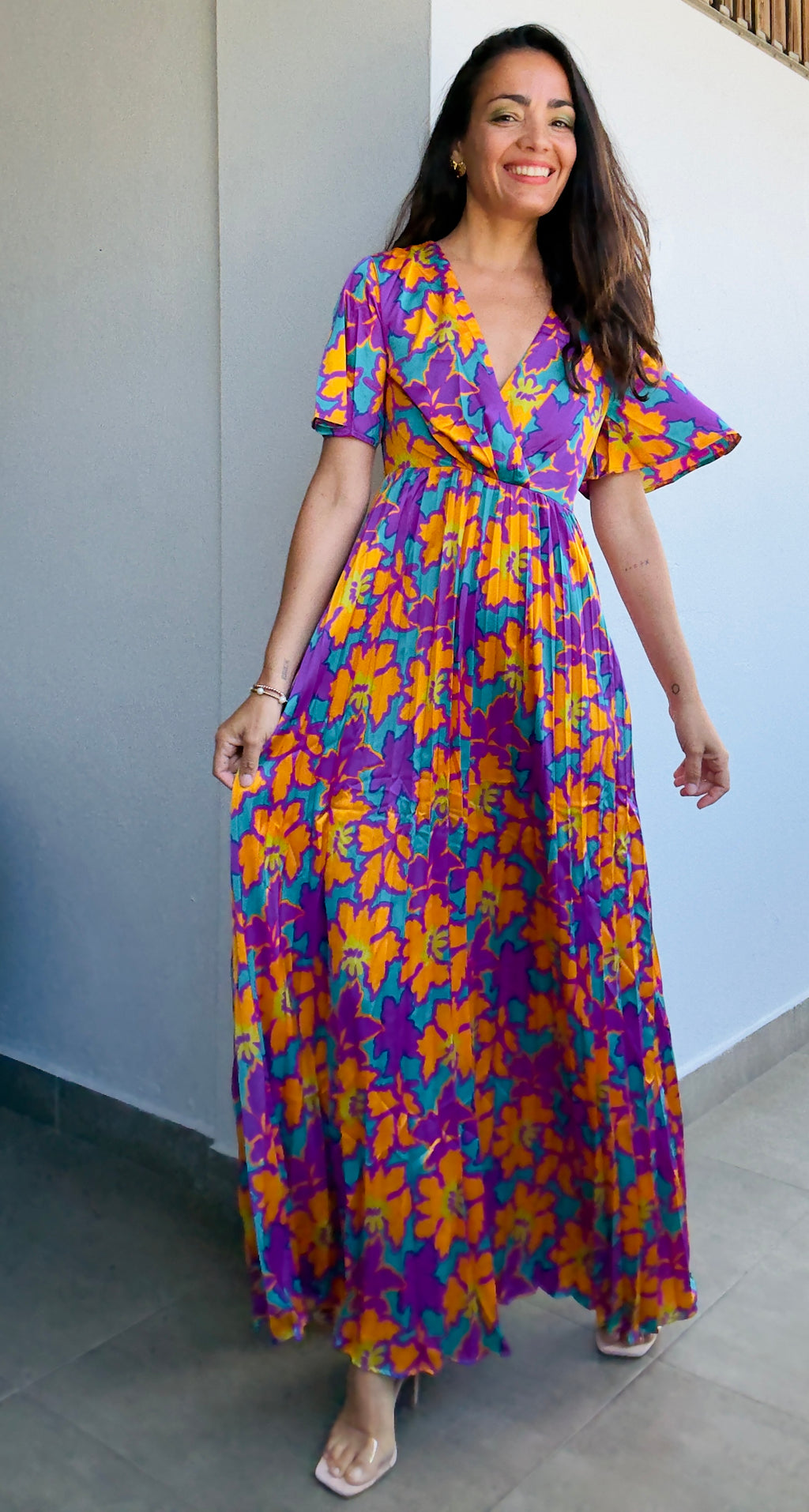 Colorful Flower Pleated Maxi Dress