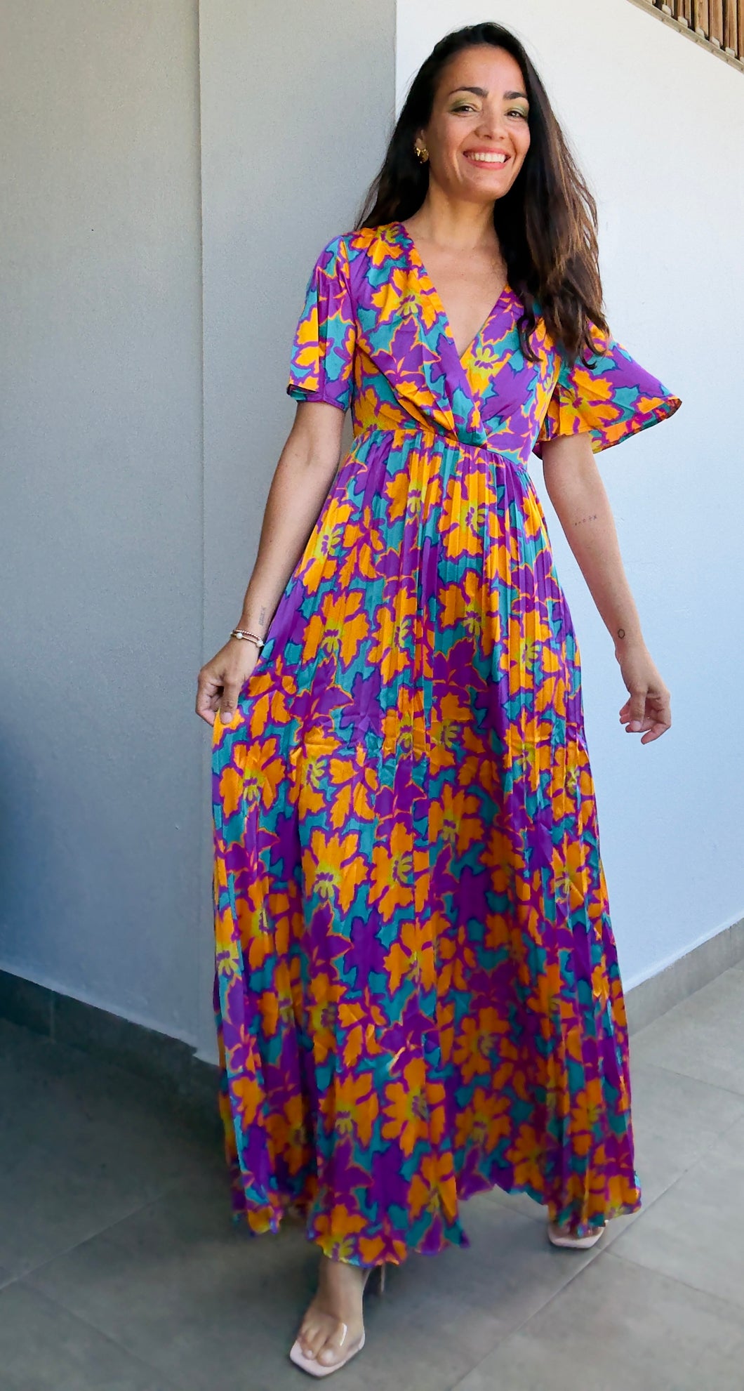 Colorful Flower Pleated Maxi Dress