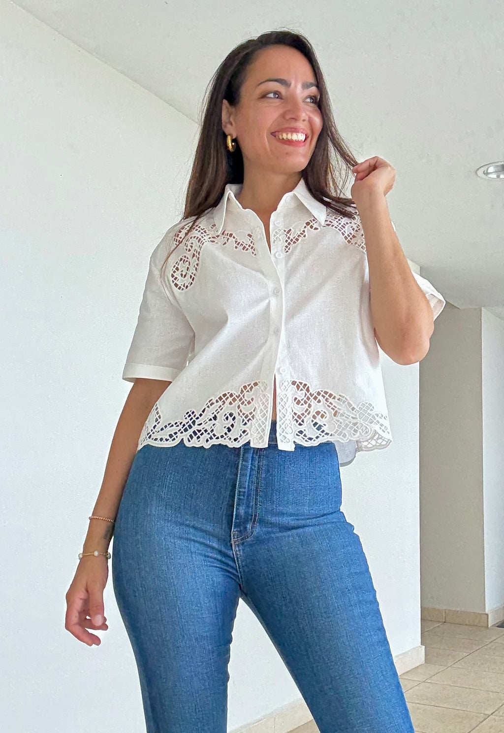 White Linen & Crochet Crop Top